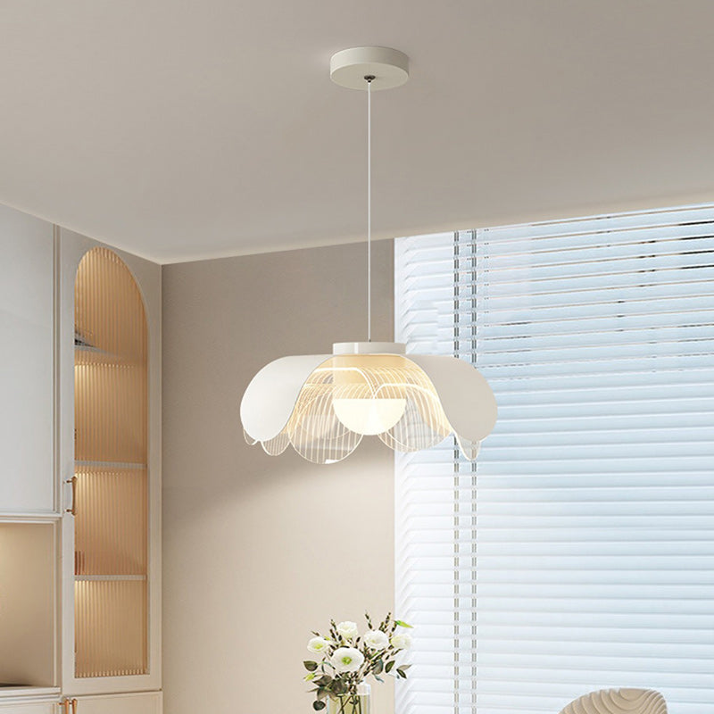 Contemporary Scandinavian Cream Flower Round Iron Acrylic LED Pendant Light For Dining Room