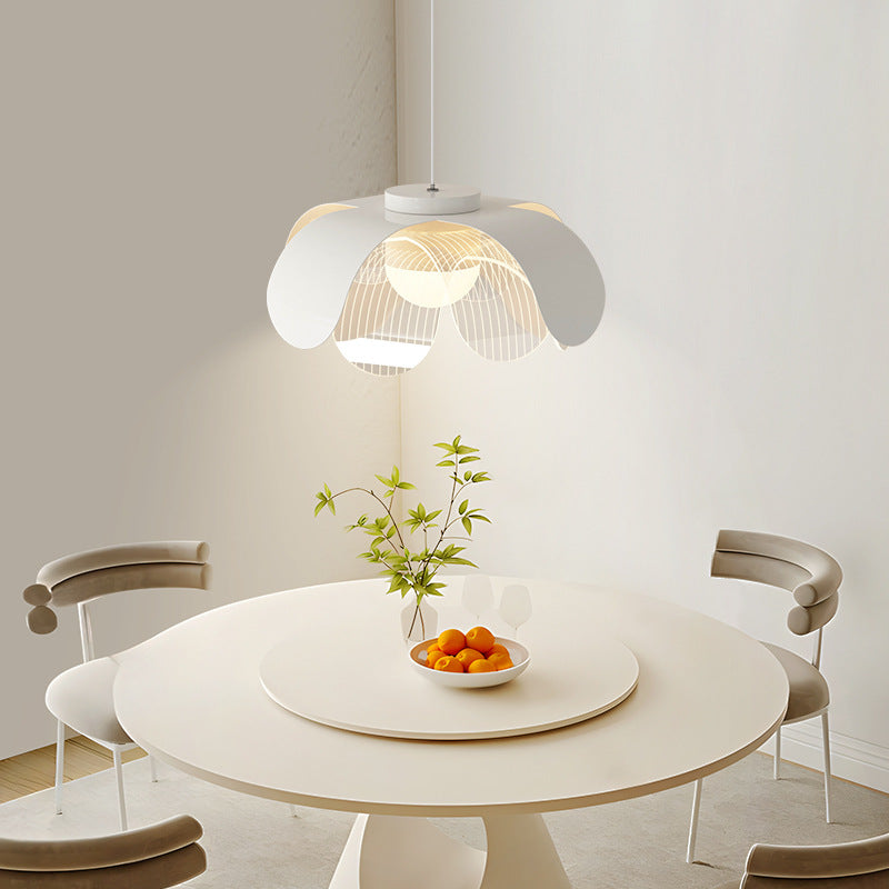 Contemporary Scandinavian Cream Flower Round Iron Acrylic LED Pendant Light For Dining Room
