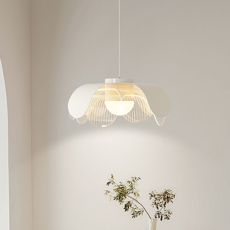 Contemporary Scandinavian Cream Flower Round Iron Acrylic LED Pendant Light For Dining Room