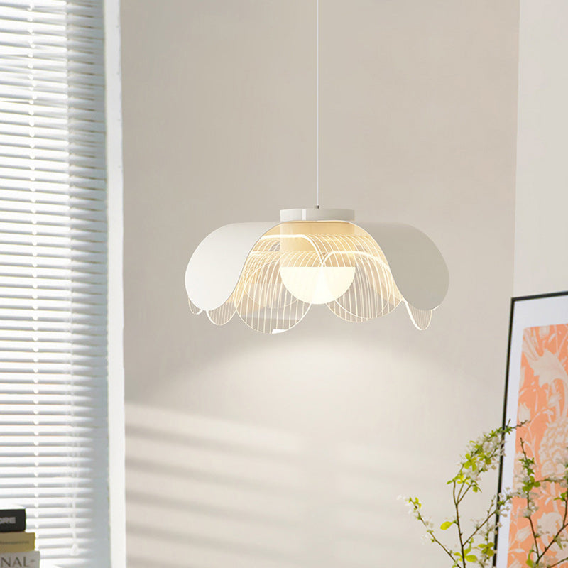 Contemporary Scandinavian Cream Flower Round Iron Acrylic LED Pendant Light For Dining Room