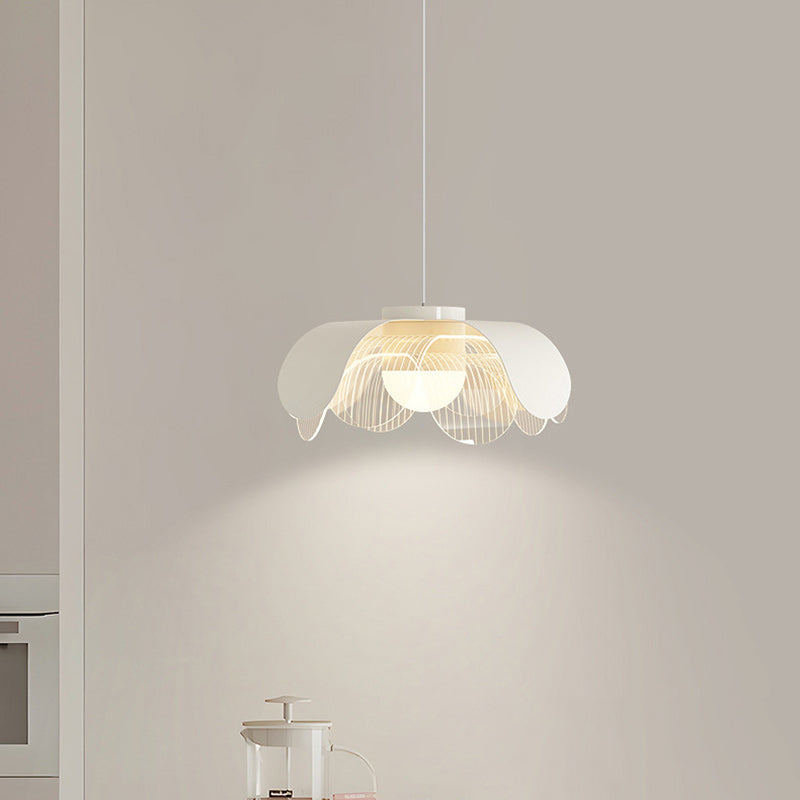 Contemporary Scandinavian Cream Flower Round Iron Acrylic LED Pendant Light For Dining Room