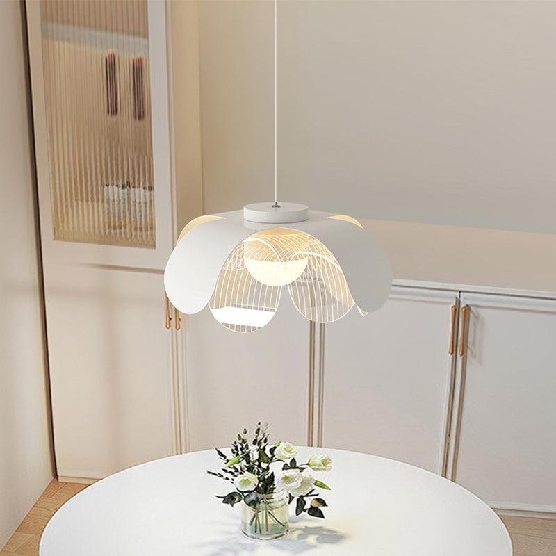 Contemporary Scandinavian Cream Flower Round Iron Acrylic LED Pendant Light For Dining Room