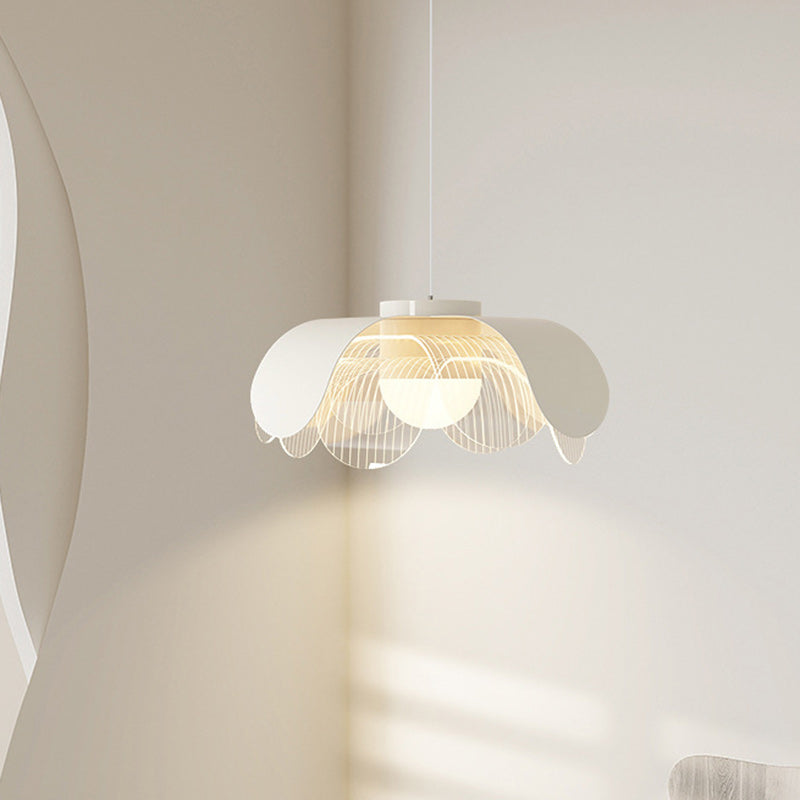 Contemporary Scandinavian Cream Flower Round Iron Acrylic LED Pendant Light For Dining Room