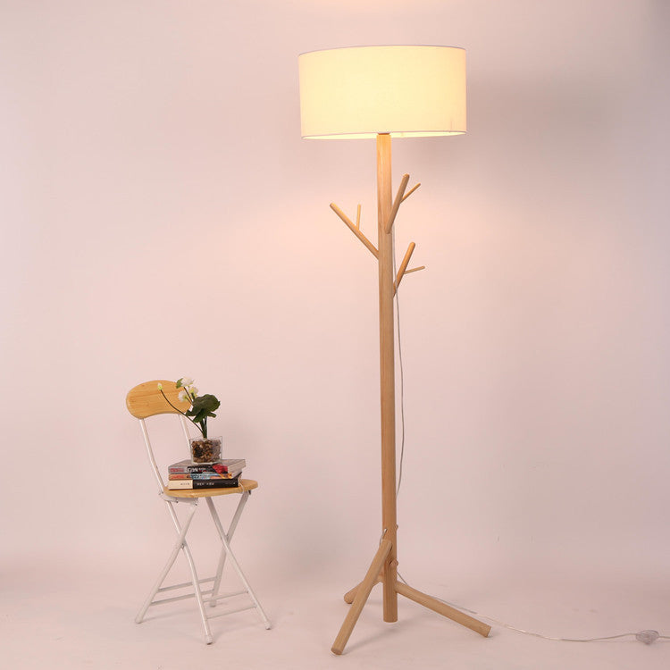 Traditional Japanese Twig Shaped Round Cylinder Wood Fabric 1-Light Standing Floor Lamp For Living Room