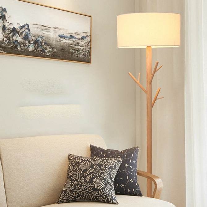 Traditional Japanese Twig Shaped Round Cylinder Wood Fabric 1-Light Standing Floor Lamp For Living Room