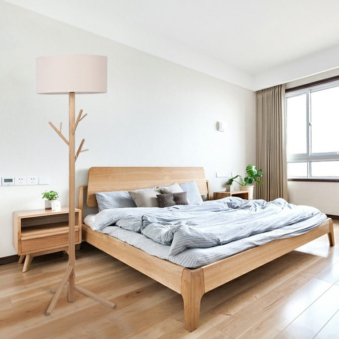 Traditional Japanese Twig Shaped Round Cylinder Wood Fabric 1-Light Standing Floor Lamp For Living Room
