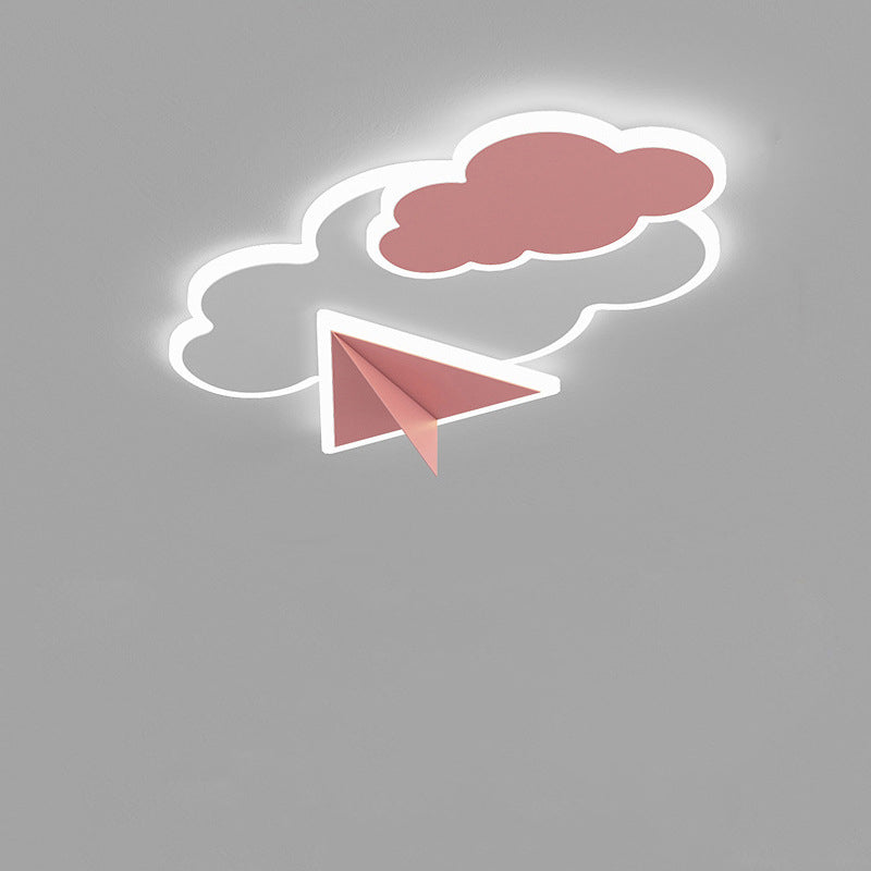 Contemporary Creative Kids Cartoon Clouds Paper Airplane Iron Acrylic LED Flush Mount Ceiling Light For Bedroom