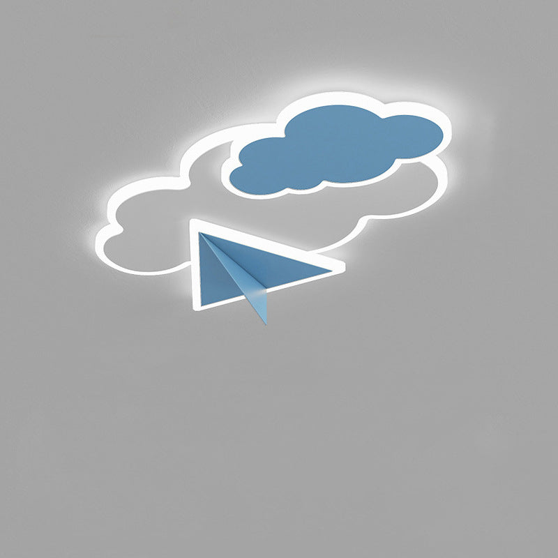 Contemporary Creative Kids Cartoon Clouds Paper Airplane Iron Acrylic LED Flush Mount Ceiling Light For Bedroom