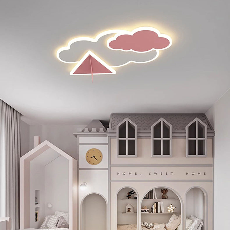Contemporary Creative Kids Cartoon Clouds Paper Airplane Iron Acrylic LED Flush Mount Ceiling Light For Bedroom
