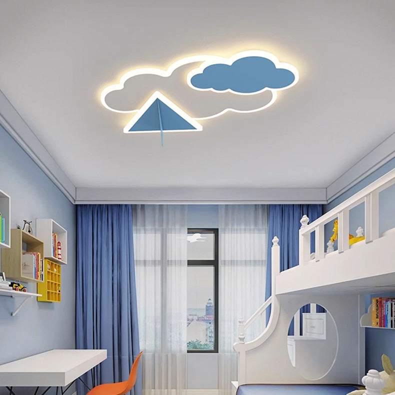 Contemporary Creative Kids Cartoon Clouds Paper Airplane Iron Acrylic LED Flush Mount Ceiling Light For Bedroom