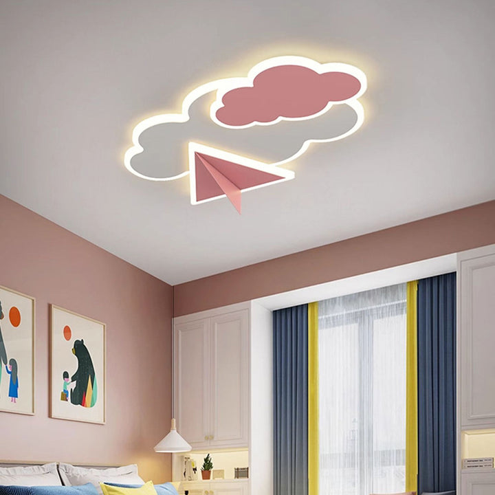 Zeitgenössische kreative Kinder Cartoon Wolken Papierflugzeug Eisen Acryl LED Deckenleuchte für das Schlafzimmer 