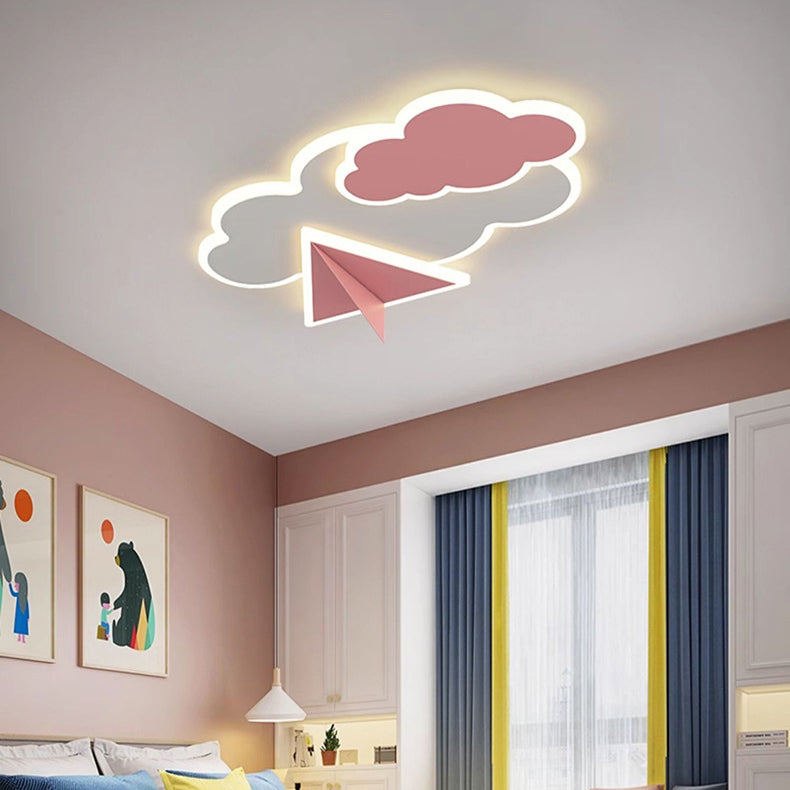 Contemporary Creative Kids Cartoon Clouds Paper Airplane Iron Acrylic LED Flush Mount Ceiling Light For Bedroom