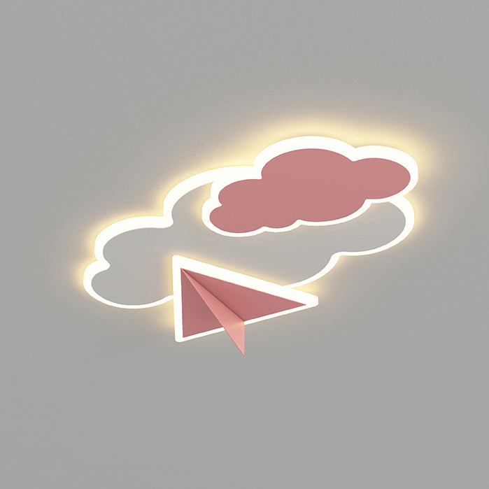 Contemporary Creative Kids Cartoon Clouds Paper Airplane Iron Acrylic LED Flush Mount Ceiling Light For Bedroom