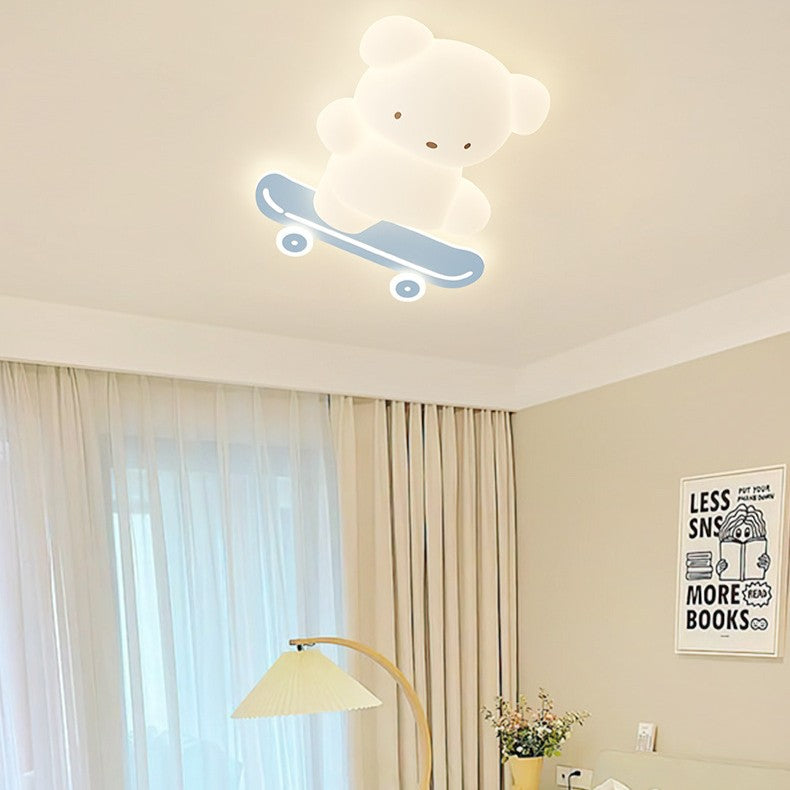 Contemporary Creative Cartoon Kids Skateboard Bear PE Iron LED Flush Mount Ceiling Light For Bedroom