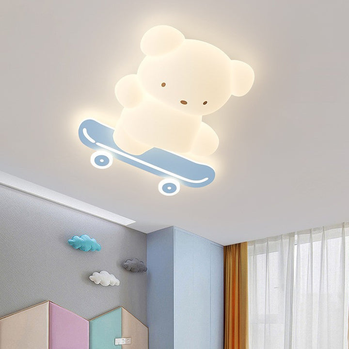 Contemporary Creative Cartoon Kids Skateboard Bear PE Iron LED Flush Mount Ceiling Light For Bedroom