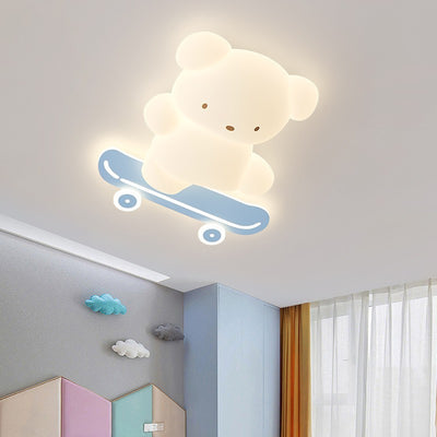 Contemporary Creative Cartoon Kids Skateboard Bear PE Iron LED Flush Mount Ceiling Light For Bedroom