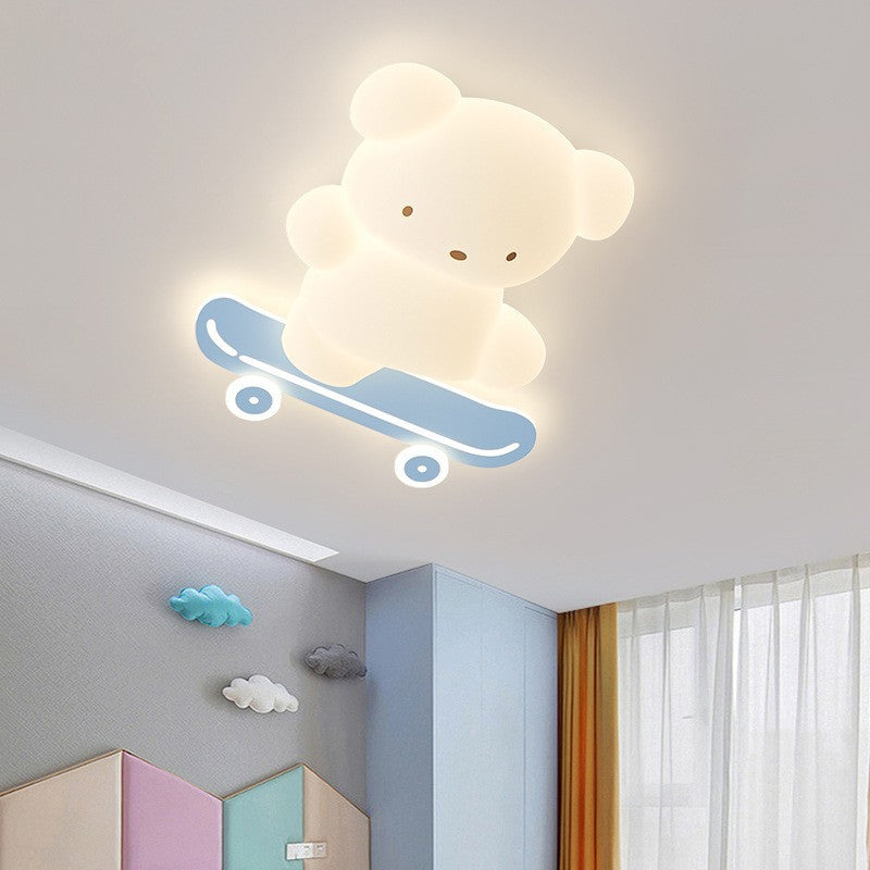 Contemporary Creative Cartoon Kids Skateboard Bear PE Iron LED Flush Mount Ceiling Light For Bedroom
