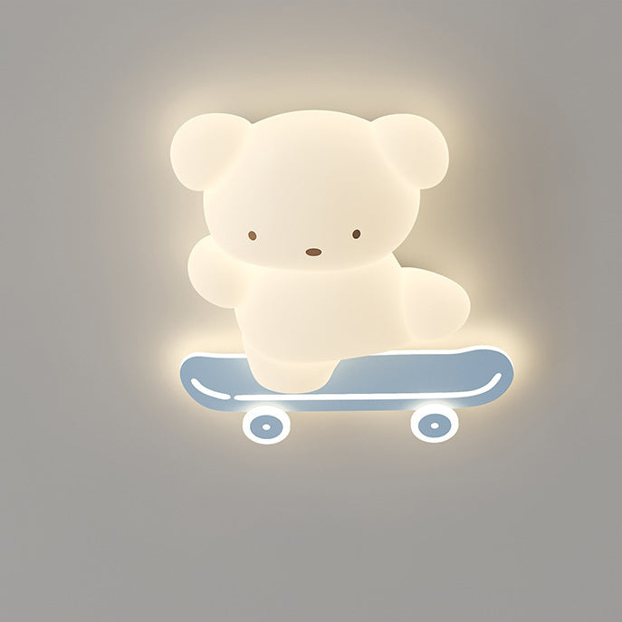 Contemporary Creative Cartoon Kids Skateboard Bear PE Iron LED Flush Mount Ceiling Light For Bedroom
