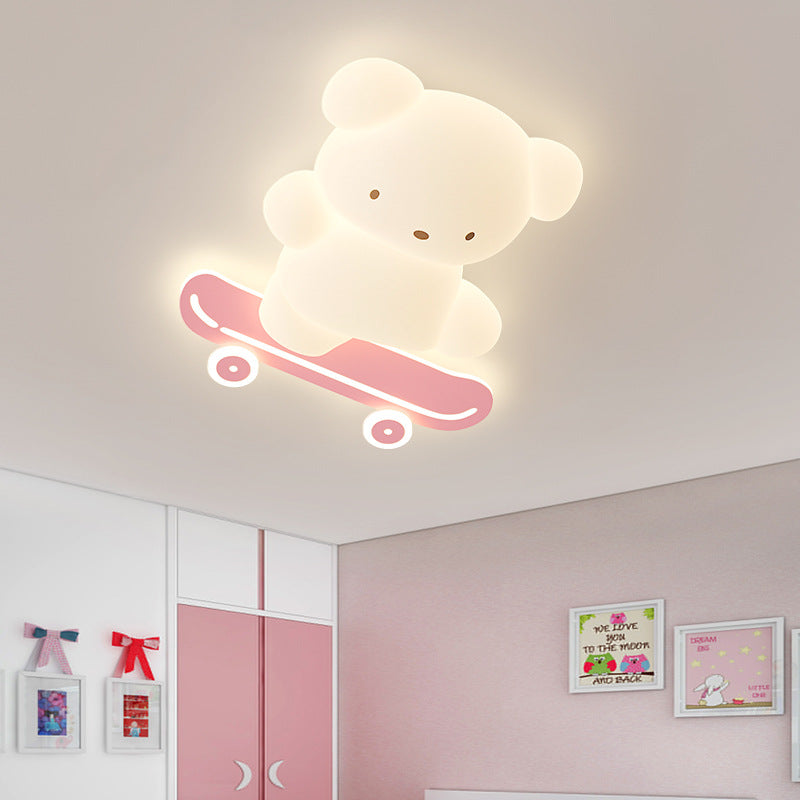 Contemporary Creative Cartoon Kids Skateboard Bear PE Iron LED Flush Mount Ceiling Light For Bedroom