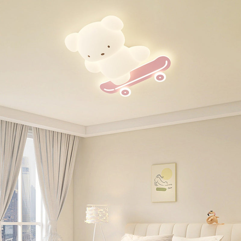 Contemporary Creative Cartoon Kids Skateboard Bear PE Iron LED Flush Mount Ceiling Light For Bedroom