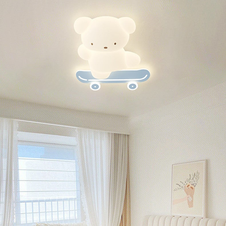 Contemporary Creative Cartoon Kids Skateboard Bear PE Iron LED Flush Mount Ceiling Light For Bedroom