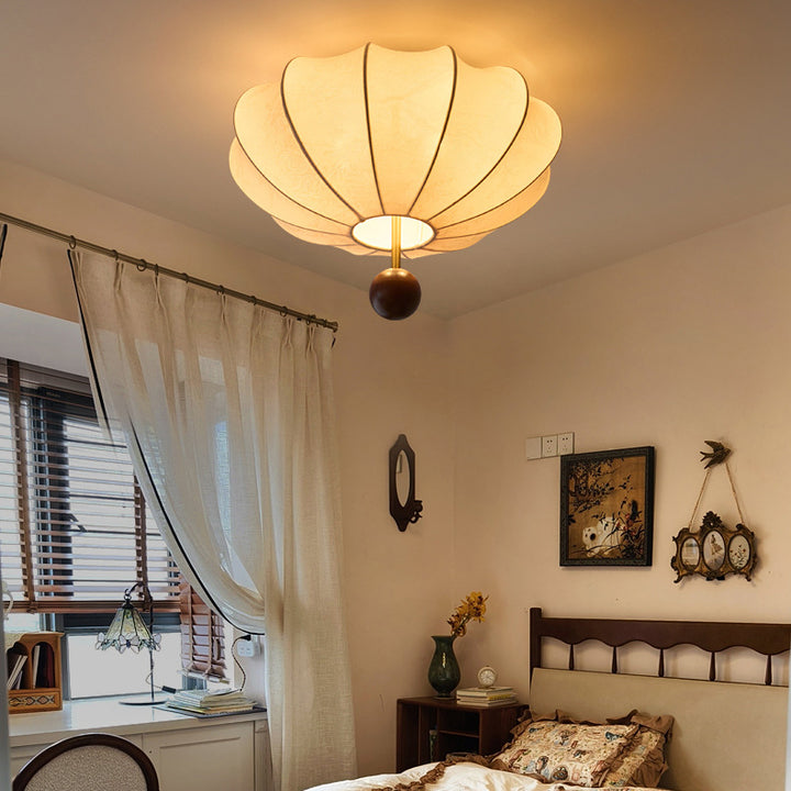 Traditionelle französische Creme Runde ovale Beschläge Holz Stoff 3/4 Licht Deckenleuchte für das Schlafzimmer 