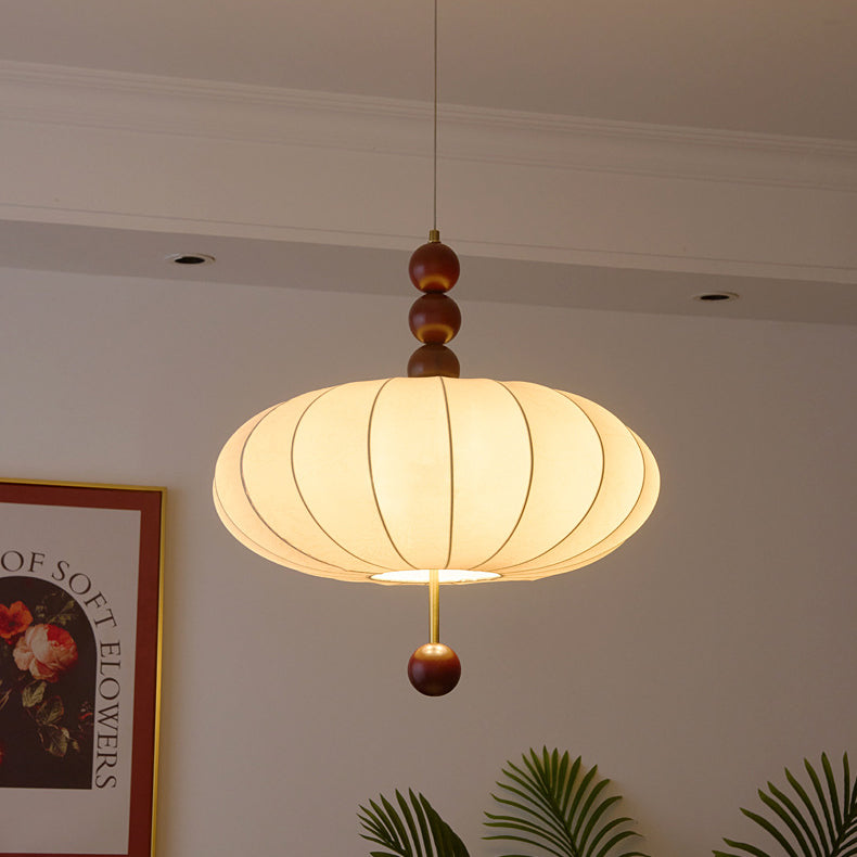 Traditional French Cream Round Cylinder Oval Hardware Wood Fabric 3/4 Light Pendant Light For Bedroom