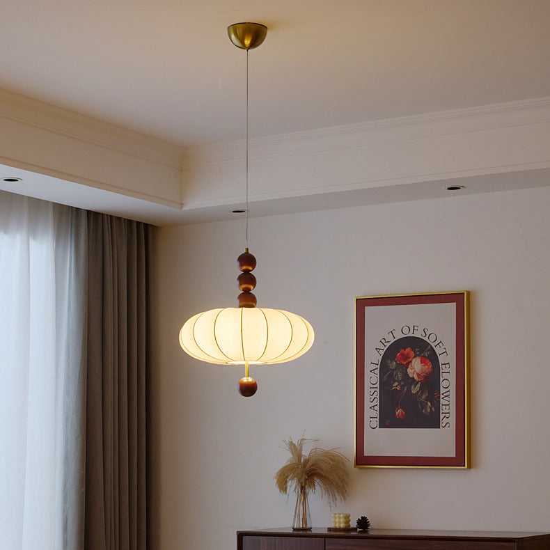Traditional French Cream Round Cylinder Oval Hardware Wood Fabric 3/4 Light Pendant Light For Bedroom
