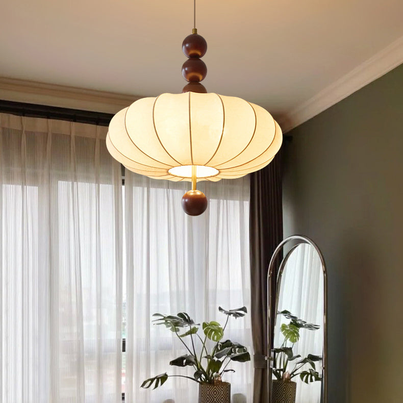 Traditional French Cream Round Cylinder Oval Hardware Wood Fabric 3/4 Light Pendant Light For Bedroom