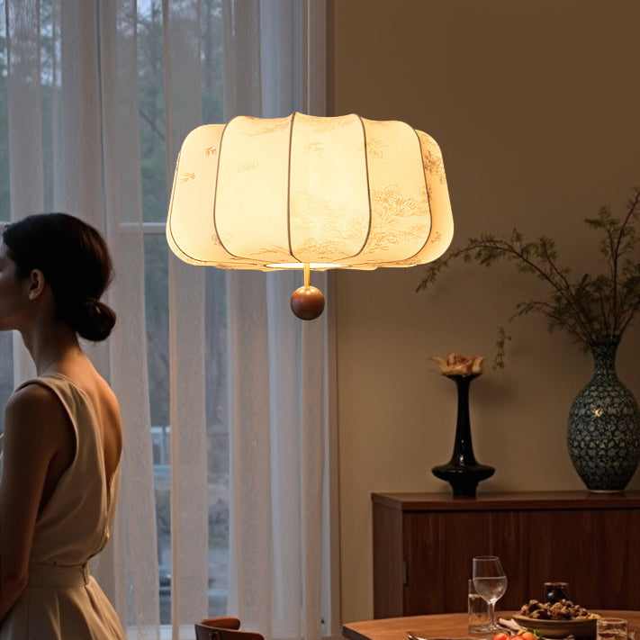Traditional French Cream Round Cylinder Oval Hardware Wood Fabric 3/4 Light Pendant Light For Bedroom