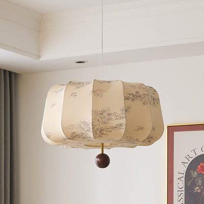 Traditional French Cream Round Cylinder Oval Hardware Wood Fabric 3/4 Light Pendant Light For Bedroom