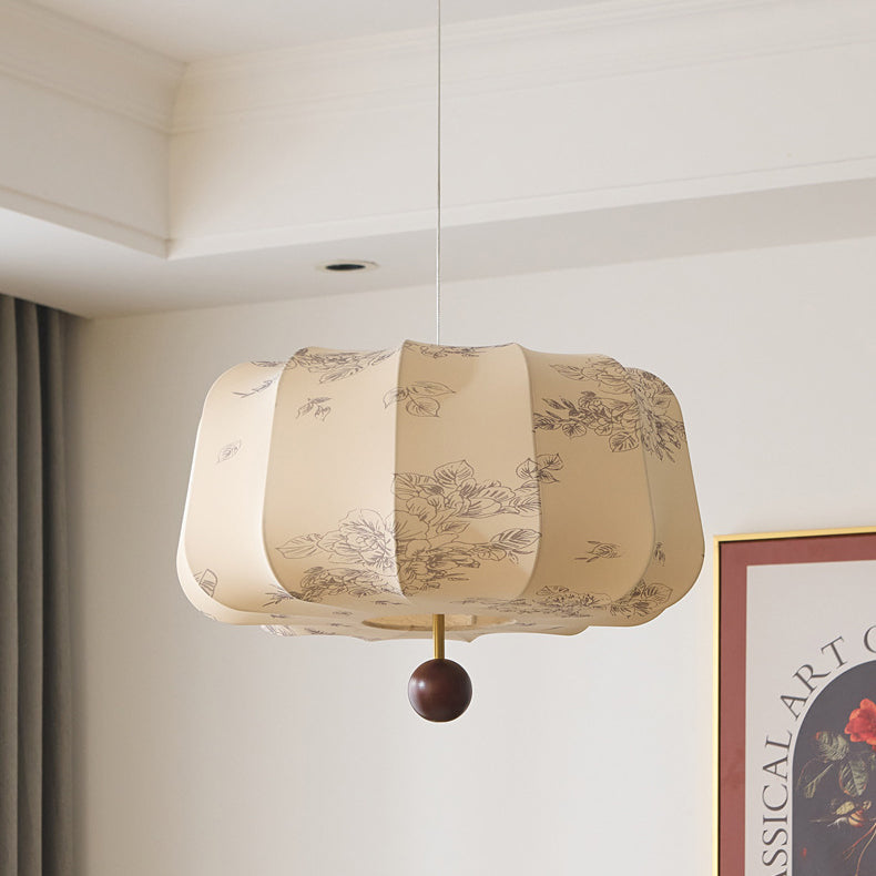 Traditional French Cream Round Cylinder Oval Hardware Wood Fabric 3/4 Light Pendant Light For Bedroom