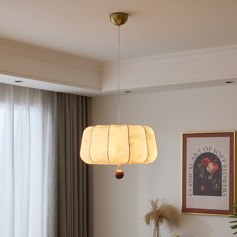 Traditionnel Français Crème Rond Cylindre Ovale Matériel Bois Tissu 3/4 Lumière Suspendue Pour Chambre 