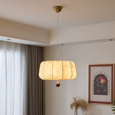 Traditional French Cream Round Cylinder Oval Hardware Wood Fabric 3/4 Light Pendant Light For Bedroom