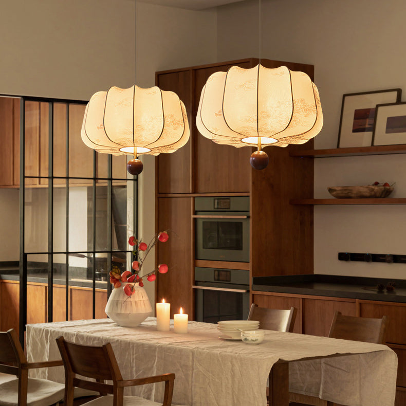 Traditional French Cream Round Cylinder Oval Hardware Wood Fabric 3/4 Light Pendant Light For Bedroom