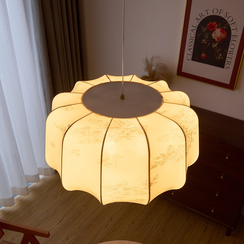 Traditional French Cream Round Cylinder Oval Hardware Wood Fabric 3/4 Light Pendant Light For Bedroom