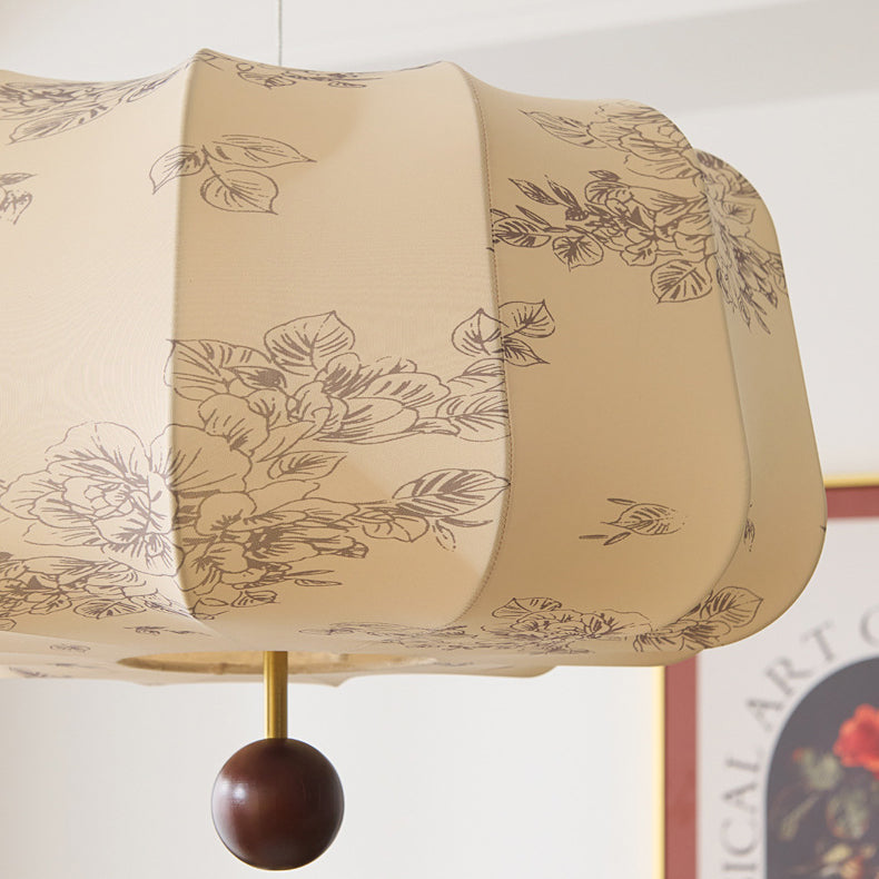 Traditional French Cream Round Cylinder Oval Hardware Wood Fabric 3/4 Light Pendant Light For Bedroom