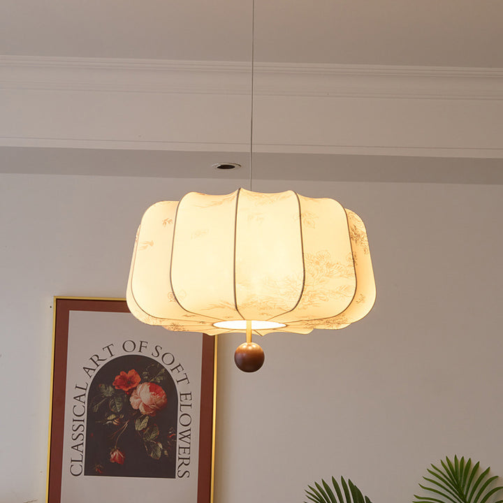 Tradicional Lámpara Colgante de Luz de 3/4 de Crema Francesa Redonda Cilíndrica Ovalada de Hardware de Madera y Tela para Dormitorio 