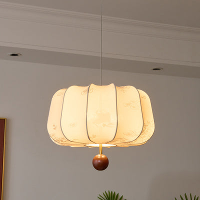 Traditional French Cream Round Cylinder Oval Hardware Wood Fabric 3/4 Light Pendant Light For Bedroom