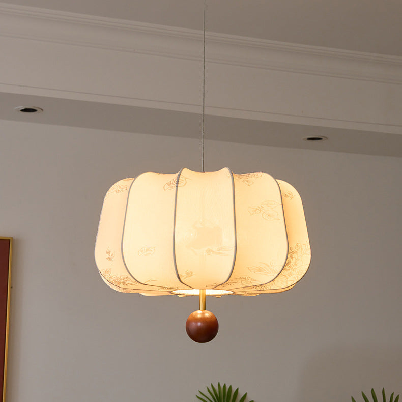 Traditional French Cream Round Cylinder Oval Hardware Wood Fabric 3/4 Light Pendant Light For Bedroom
