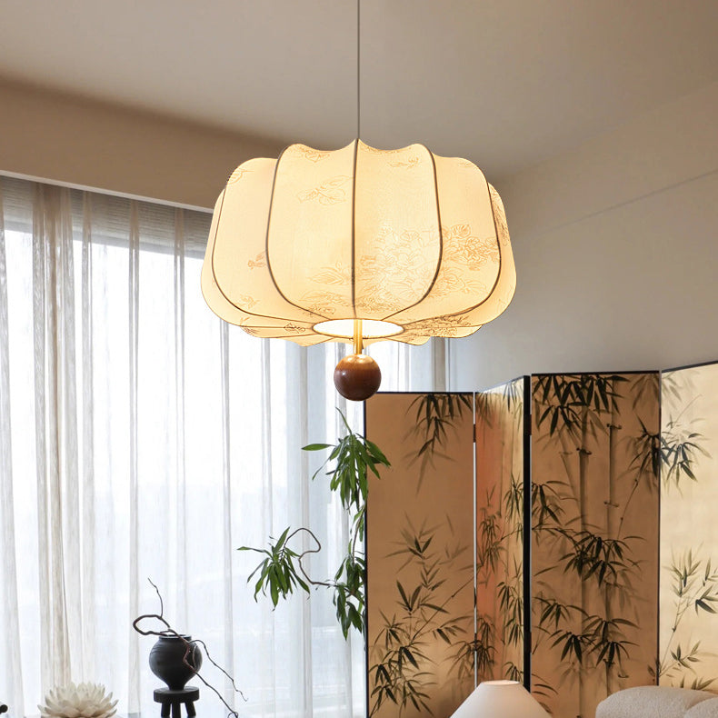 Traditional French Cream Round Cylinder Oval Hardware Wood Fabric 3/4 Light Pendant Light For Bedroom