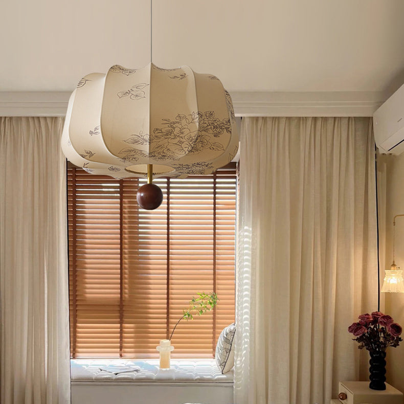 Traditional French Cream Round Cylinder Oval Hardware Wood Fabric 3/4 Light Pendant Light For Bedroom