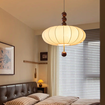 Traditional French Cream Round Cylinder Oval Hardware Wood Fabric 3/4 Light Pendant Light For Bedroom