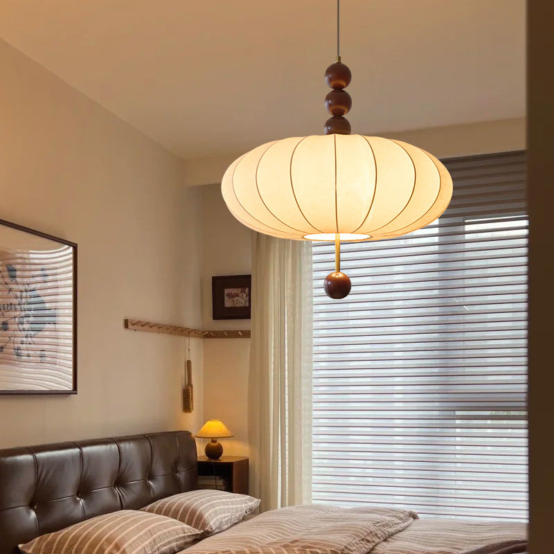 Traditional French Cream Round Cylinder Oval Hardware Wood Fabric 3/4 Light Pendant Light For Bedroom
