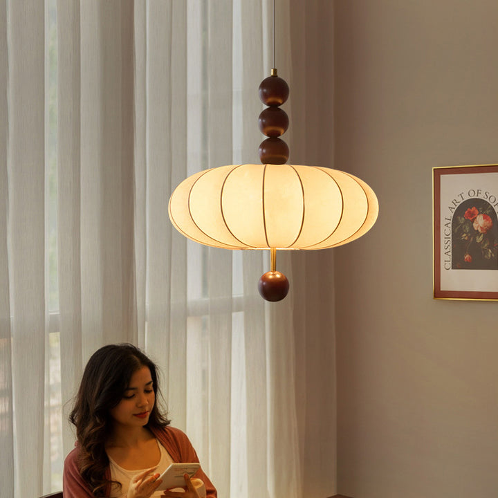 Tradicional Lámpara Colgante de Luz de 3/4 de Crema Francesa Redonda Cilíndrica Ovalada de Hardware de Madera y Tela para Dormitorio 