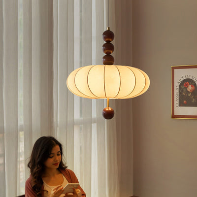 Traditional French Cream Round Cylinder Oval Hardware Wood Fabric 3/4 Light Pendant Light For Bedroom