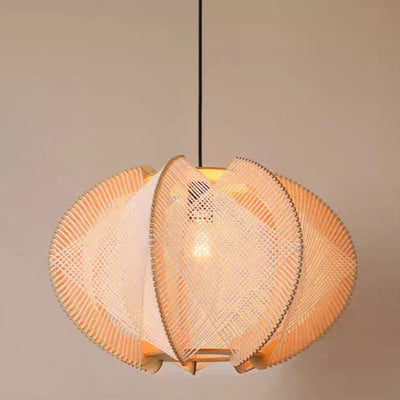 Traditional Japanese Birdcage Oval Hemp Rope Wood 1-Light Pendant Light For Dining Room