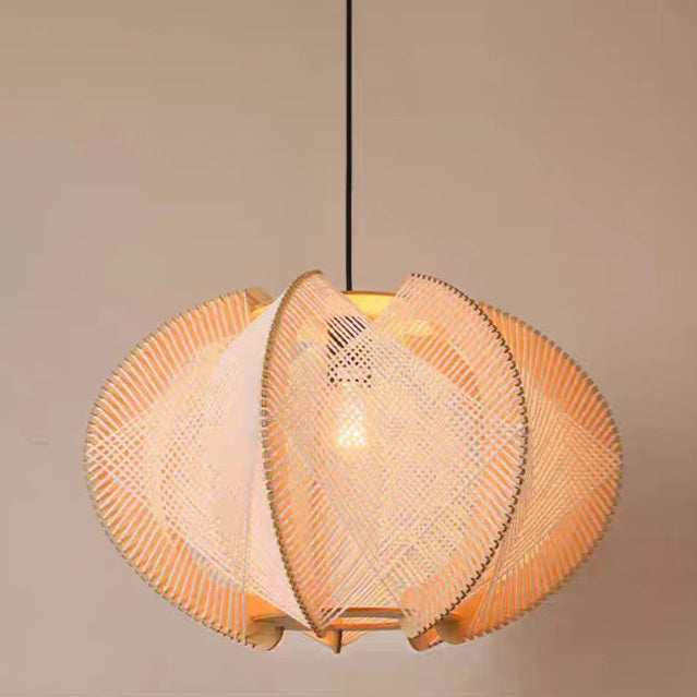 Traditional Japanese Birdcage Oval Hemp Rope Wood 1-Light Pendant Light For Dining Room