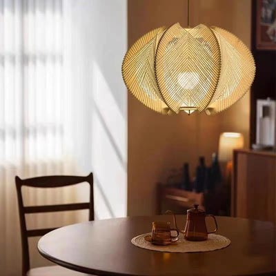 Traditional Japanese Birdcage Oval Hemp Rope Wood 1-Light Pendant Light For Dining Room