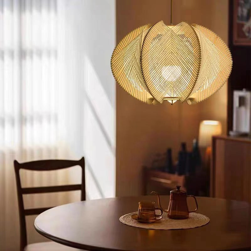 Traditional Japanese Birdcage Oval Hemp Rope Wood 1-Light Pendant Light For Dining Room